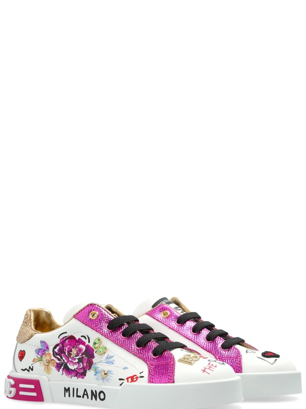 Dolce & Gabbana White Sneakers with Pink Metallic Panels & Floral Print
